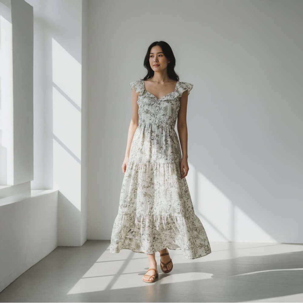 Greylin Eyelet Tier Ruffle Womens Midi Dress Smocked Festival Flutter Sleeve